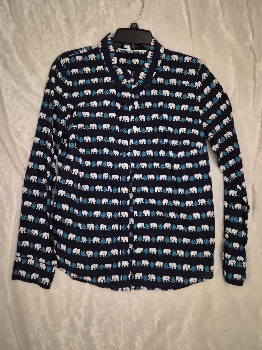 Crown & Ivy Petite Elephant Print Cotton Button Front Blouse Medium Blue